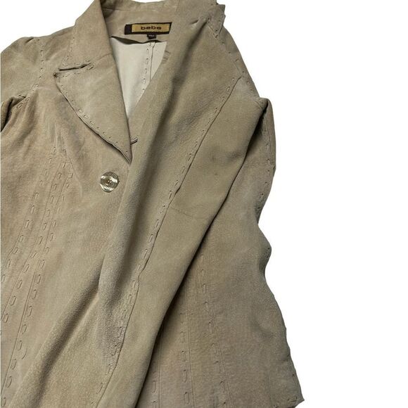 Bebe Genuine  Leather Suede Jacket Button Blazer Coat Collar Tan Cream Neutral - Picture 7 of 11